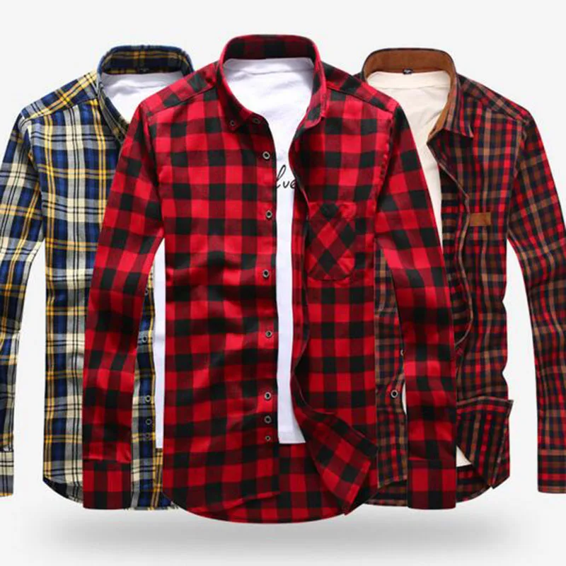Мужская Фланелевая рубашка Camisa модная в клетку с длинными рукавами и отложным