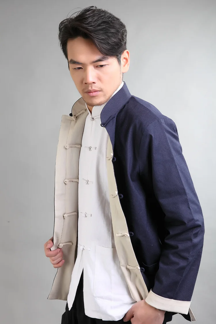 Мужская хлопковая льняная куртка черная бежевая двусторонняя с длинным рукавом