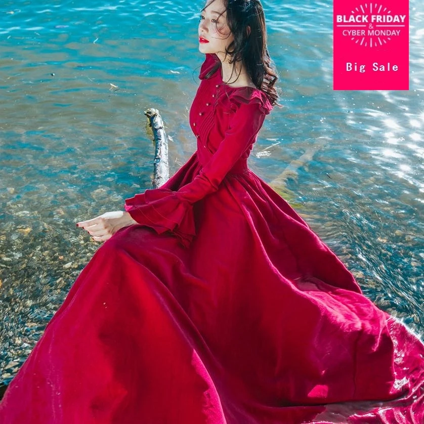 

2020 Spring and autumn new retro corduroy A WORD velvet dress Flare sleeves dress Slim was thin big swing dress wj360