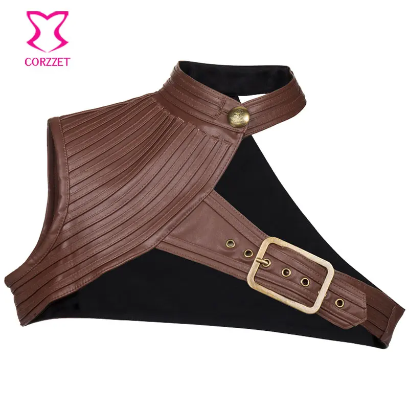 Corzzet Plus Size Brown&Black Leather Collar Jacket Adult Accessories Steampunk Corsets And Bustiers