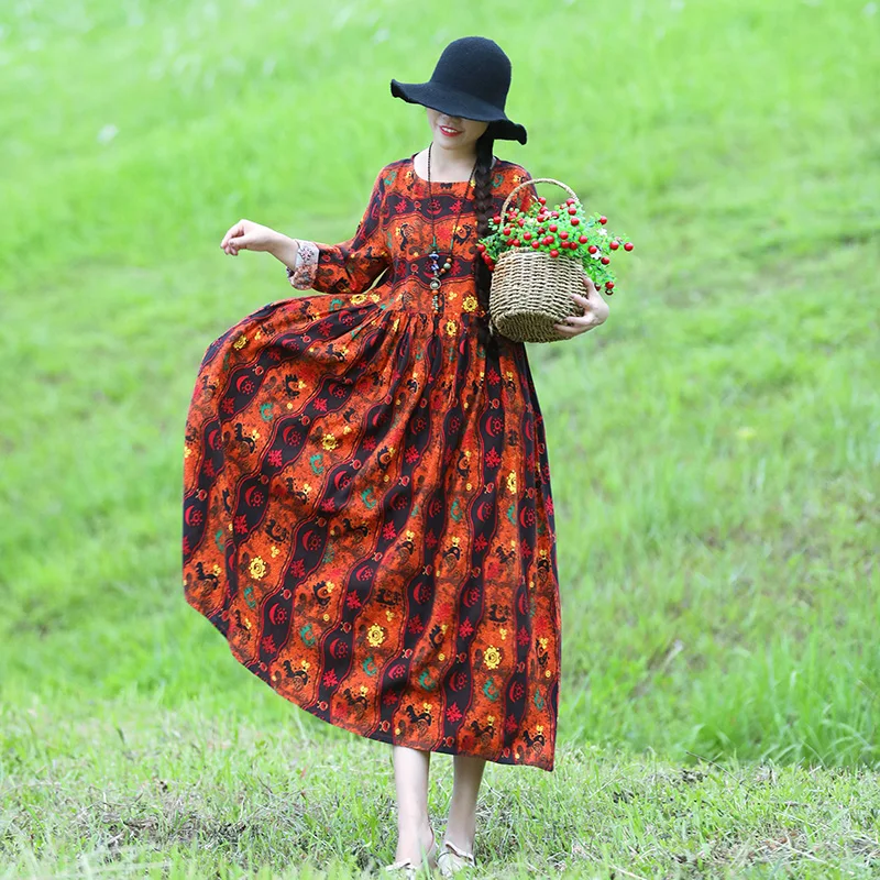 

2019 Новое хлопковое весенне-осеннее женское платье большого размера, повседневное длинное ТРАПЕЦИЕВИДНОЕ ПЛАТЬЕ С Длинным Рукавом, круглым ...