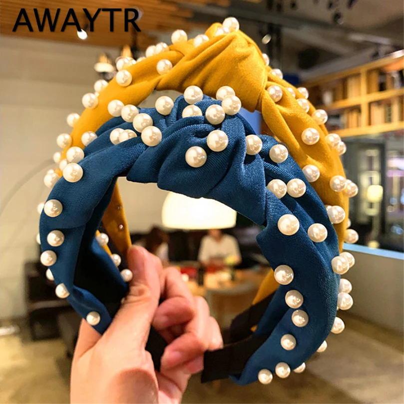 AWAYTR, широкая Жемчужная Повязка на голову, женская простая тканевая повязка на голову, корейские завязанные аксессуары для волос, милый модный головной убор для девочек