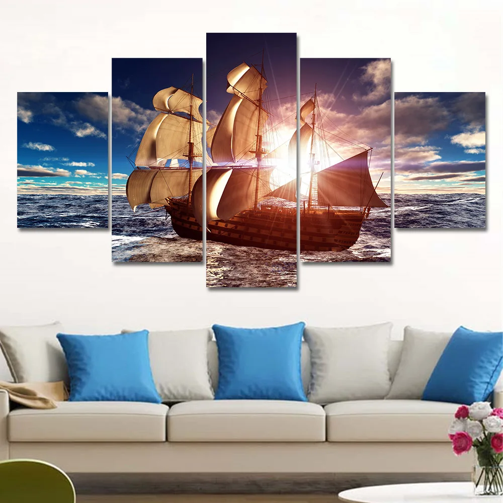 

5 Panel Modern Canvas Prints Sea Boat Sunset Painting Beach Seascape Cuadros Decoracion Wall Picture for Living Room No Frame