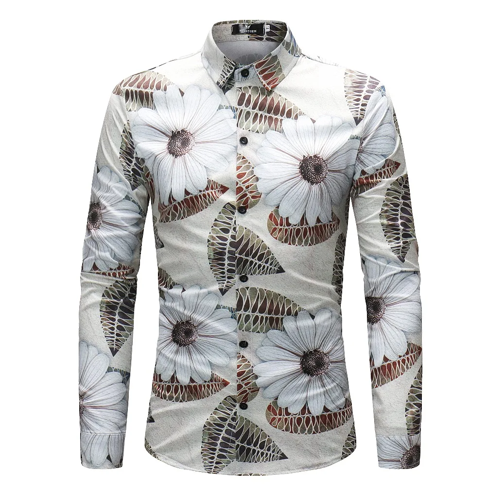 Мужская приталенная рубашка Повседневная гавайская с длинным рукавом и 3D