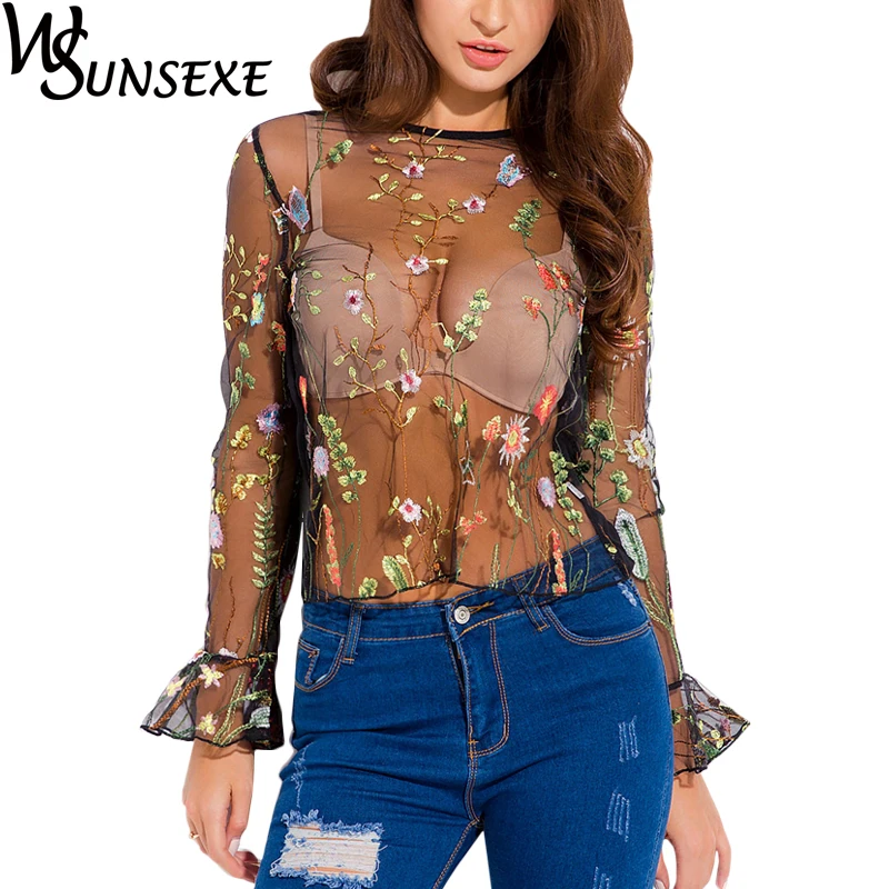Богемные сетчатые топы с вышивкой 2018 весенние женские сексуальные прозрачные