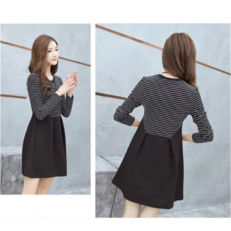 

Fashion Pregnant Women Mini Dresses Causal Stripe Maternity Long Sleeve Dress