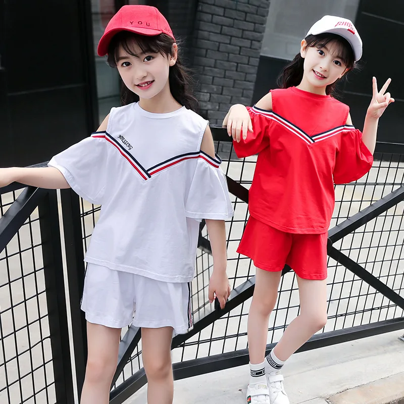 Girls Summer Children's Fashion Sports Suits Teenage Clothing Set Cotton Short Sleeve Shorts Two-piece Tracksuit 4-13Years | Детская