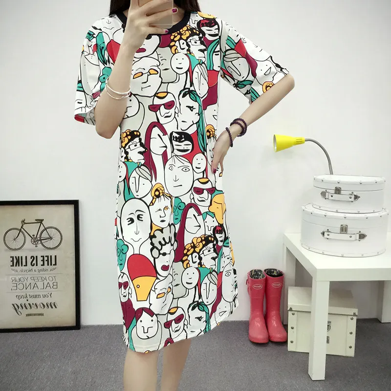 2018 летние модные женские туфли с принтом платья короткими рукавами Повседневное свободные длинная куртка