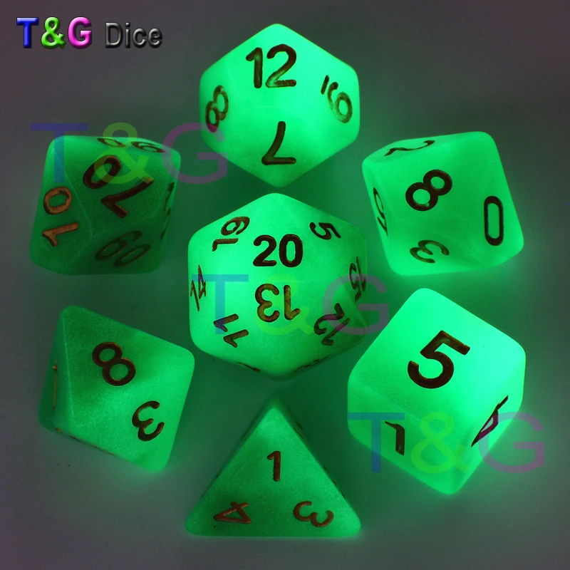 Светящиеся Кости Набор зеленый цвет 7 шт./компл. D4 D6 D8 D10 % D12 D20 для DnD RPG игральные