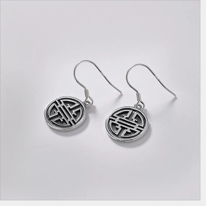 Uglyless Genuine Solid 925 Sterling Silver Round Fine Jewelry for Women Chinese Wind Longevity Earrings Hollow Medal | Украшения и