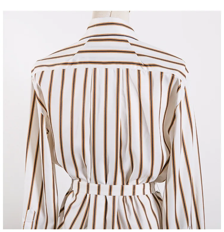 2019 Новый сезон: весна–лето с отложным воротником длинными рукавами и полосатым