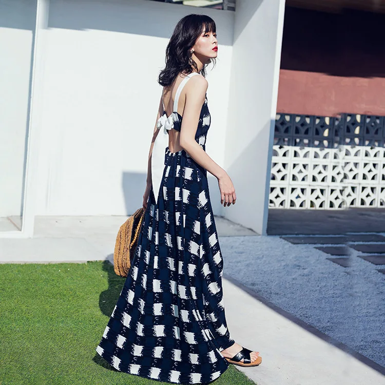 Ubei Summer show thin beach DRESS new seaside plaid full dress fairy sexy backless halter long | Женская одежда