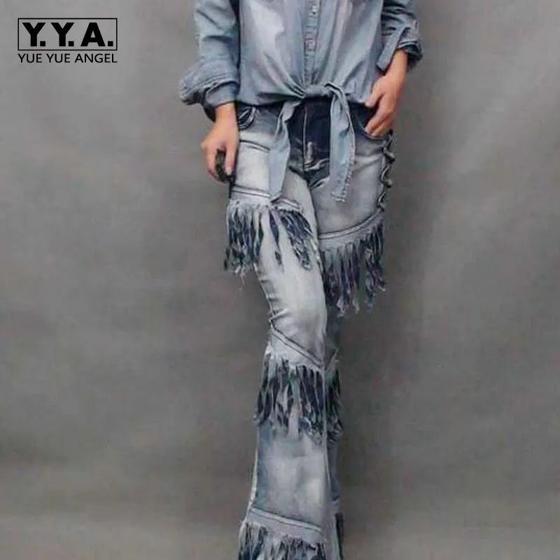 

New Fashion Womens Vintage Tassel Bell-bottom Motorcycle Jeans Stretch Cowboy Pants Tassels Casual Trousers Wide Flared Jeans