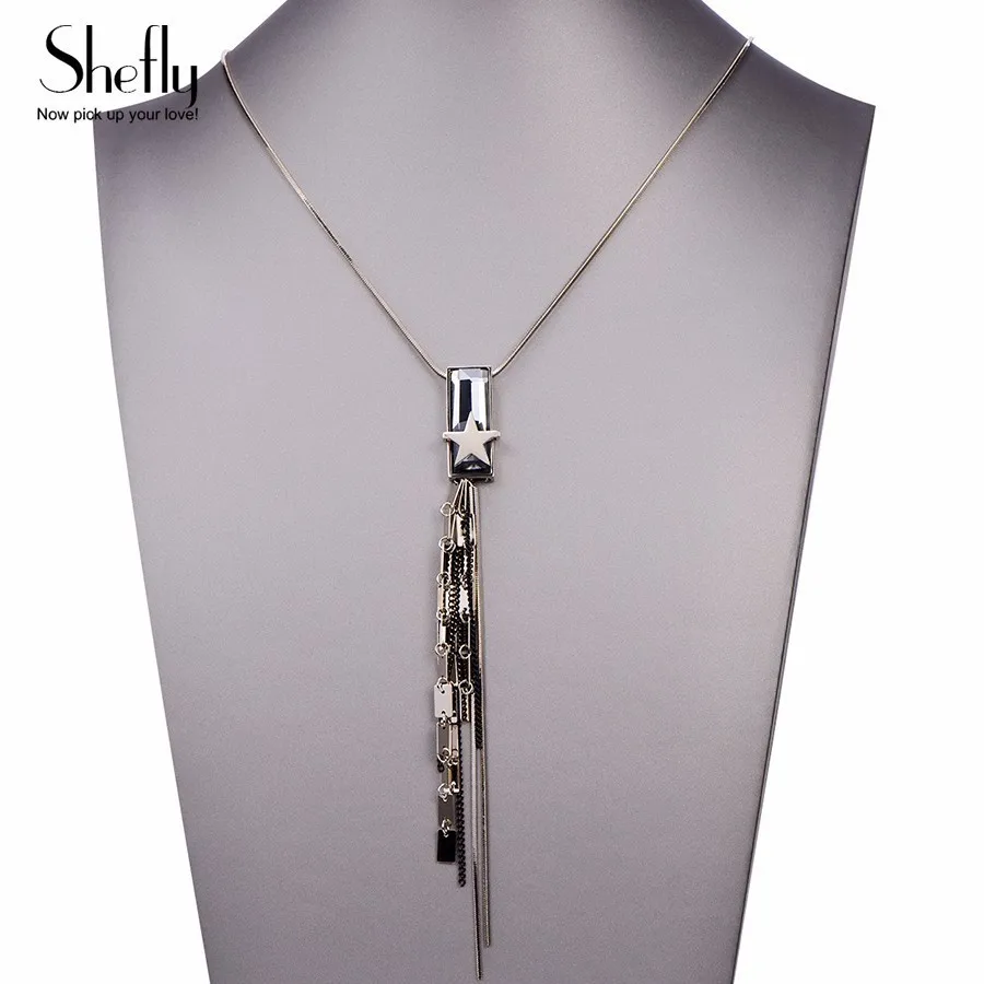 

Star Pendant With Long Tassel Geometrical Crystal Pendant Necklace Snake Chain Women Statement Evening Party Dress Jewelry