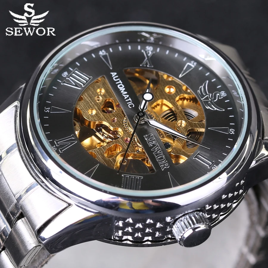 

SEWOR automatic Watches Branded Mens Classic Stainless Steel Skeleton Automatic Mechanical Watch Fashion Sport Wristwatch New
