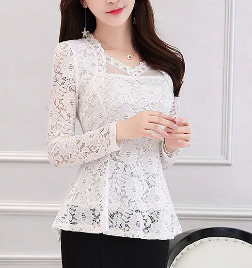 Новая мода renda blusas femininas, Женская кружевная рубашка, открытая кружевная блузка, рубашка для женщин, большие размеры, цветочные кружевные топы - Цвет: White