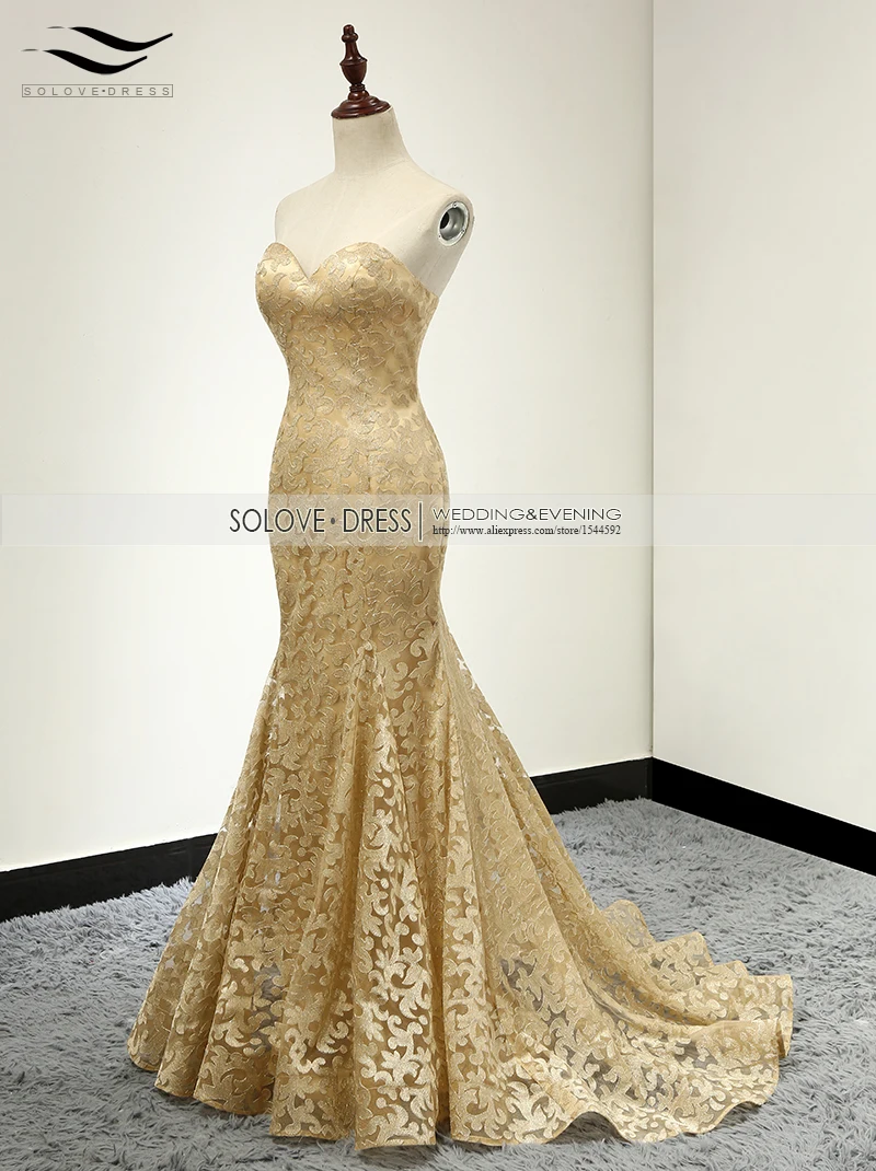 Женское платье с открытыми плечами Slovedress элегантное золотистое кружевное