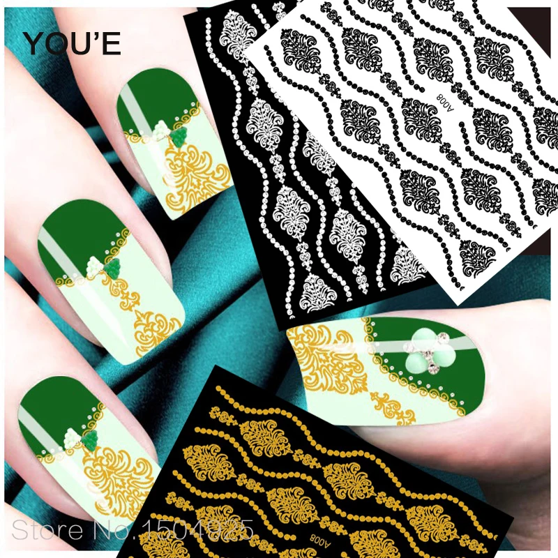 Белые черные золотые Цветочные художественные наклейки украшения для ногтей