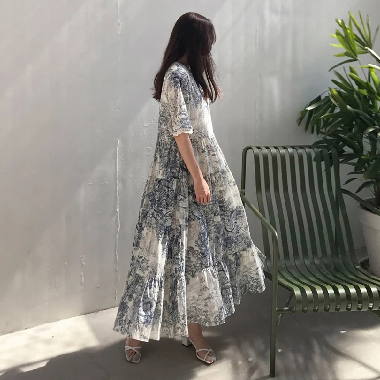 Женское платье с круглым вырезом коротким рукавом и высокой талией | Женская