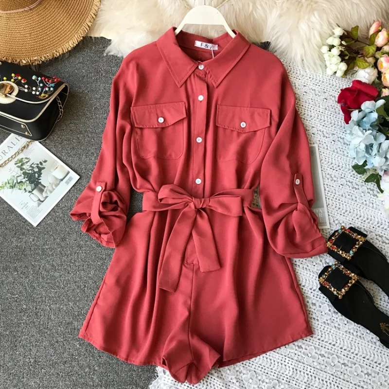Красный ALPHALMODA, Осенний женский однобортный комбинезон с длинными рукавами, откидной карман, высокая талия, пояс, Женский Повседневный однотонный комбинезон - Цвет: Красный