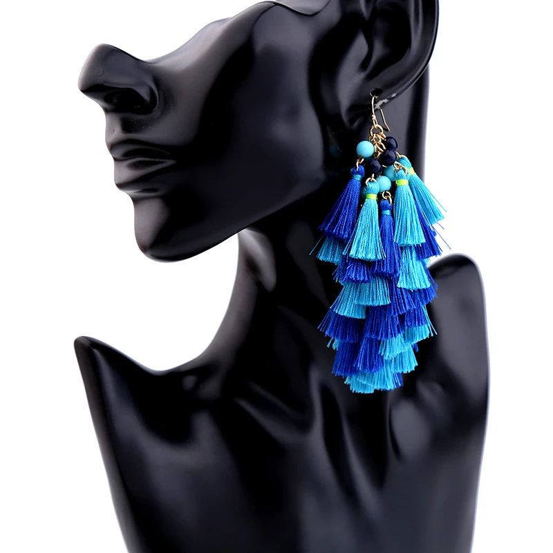 Boho Blue Beads Layered Fringe Tassel Earrings Brincos New Fashion Women Chunky Big Statement Ethnic Jewelry | Украшения и
