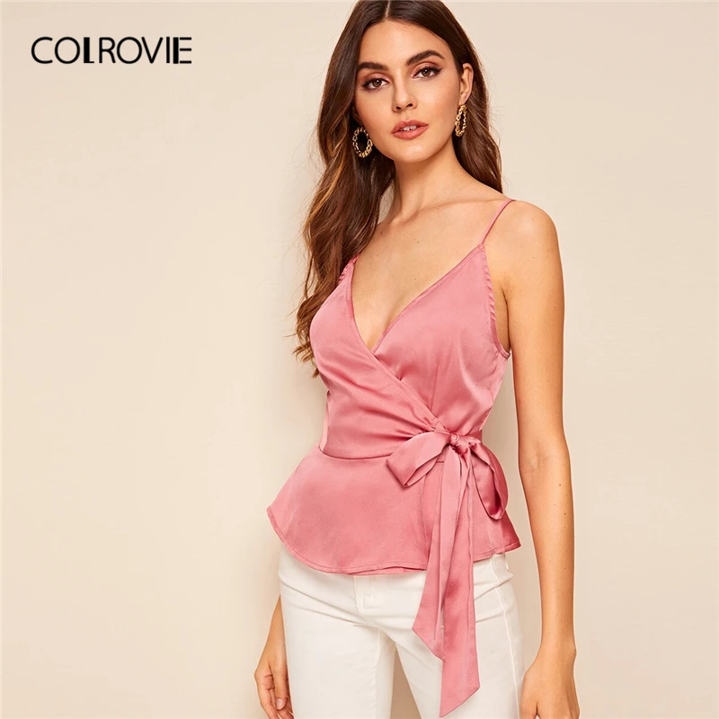 COLROVIE розовый топ с запахом и поясом, атласный сексуальный топ на бретельках с баской, женская одежда, летняя Праздничная тонкая Офисная Женская футболка