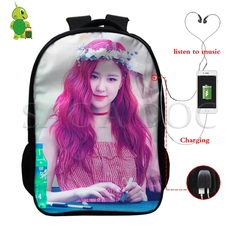 23 Kpop Черный розовый женский рюкзак USB для зарядки Mochila Kill This Love Rose/Lisa сумка мужские многофункциональные школьные рюкзаки дорожные сумки - Цвет: 23