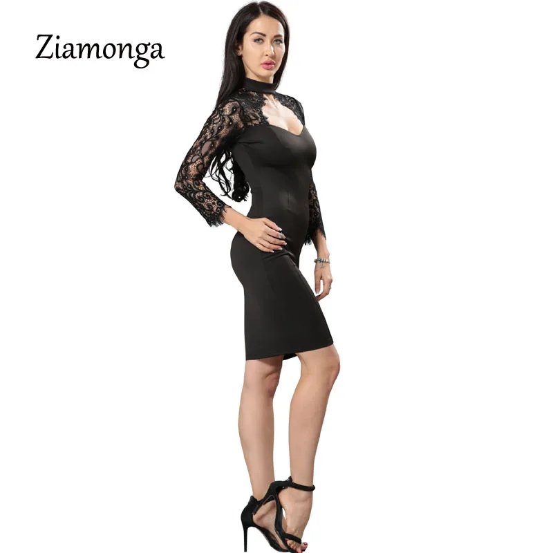Ziamonga Turtleneck Long Sleeve Midi Lace Dress Sexy Club Bandage Bodycon 2017 Autumn Winter Black Women Party Dresses | Женская одежда