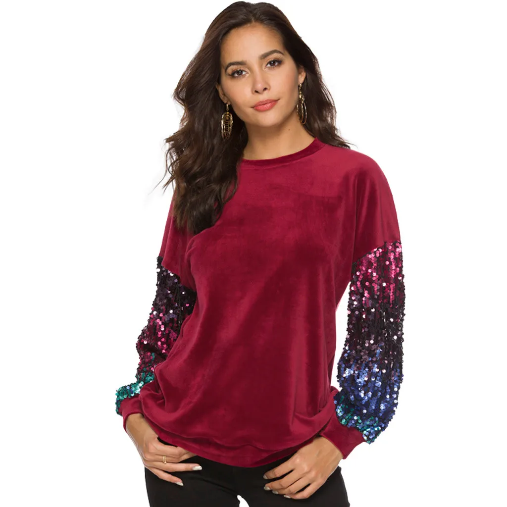 WOMAIL Bling Sequines модная футболка с длинным рукавом Женская однотонная Повседневная Лоскутная футболка с круглым вырезом для женщин 19JAN30 - Цвет: RD
