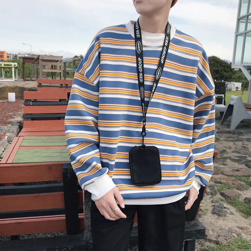 

2020 Korean Style Men's Fashion Stripe Hoodies Round Collar Coat Velvet Pullovers Loose Casual Red/blue/yellow Sweatshirt S-2XL