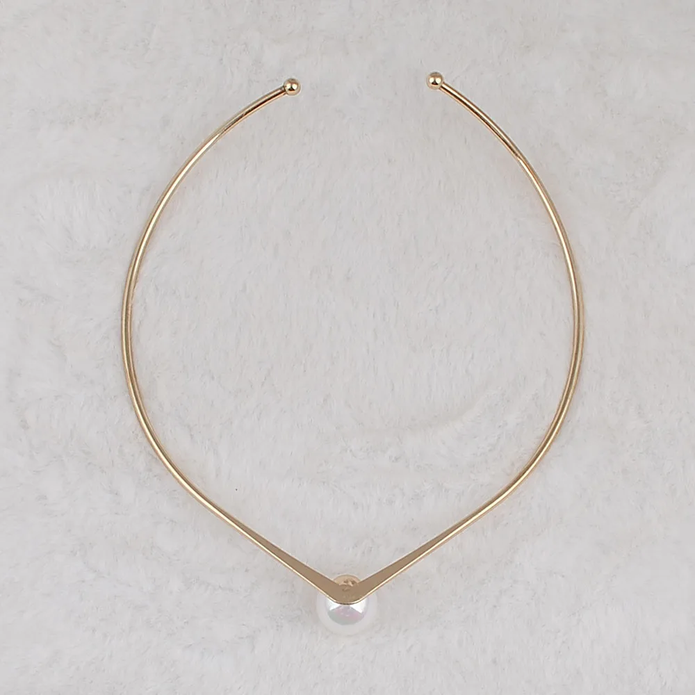 New Fashion Jewelry Simple V Design Torques Choker Necklace for Women Girl Big Pearl Wedding | Украшения и аксессуары