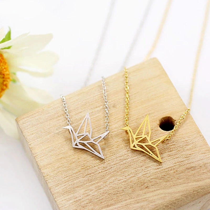 Origami Crane Pendant Necklace Gold-color Charm for Women Fashion Jewelry Wholesale Thanksgiving gifts | Украшения и аксессуары