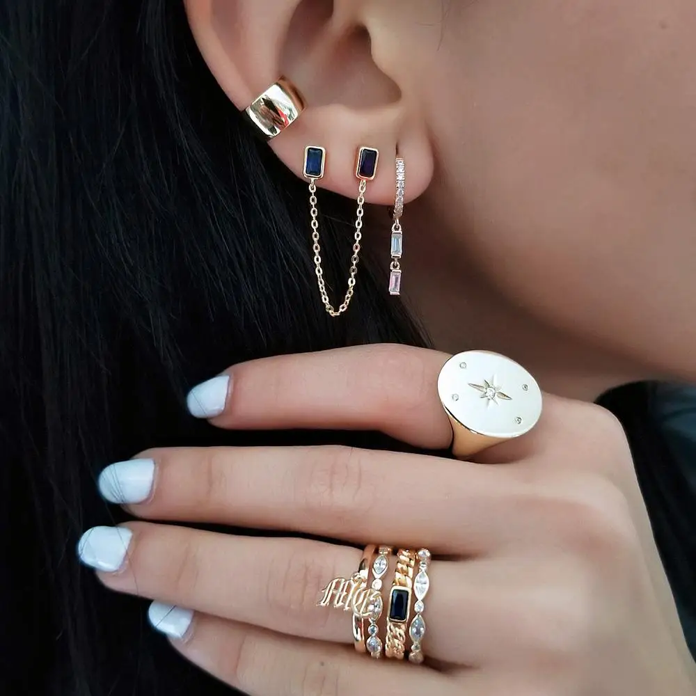 Двойной 2 пирсинга пусеты багет свой камень цирконий с кисточкой цепи