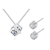 trendy cube crystal women earrings jewelry sets new fashion silver plated earring necklace for girl lady party accessories hot