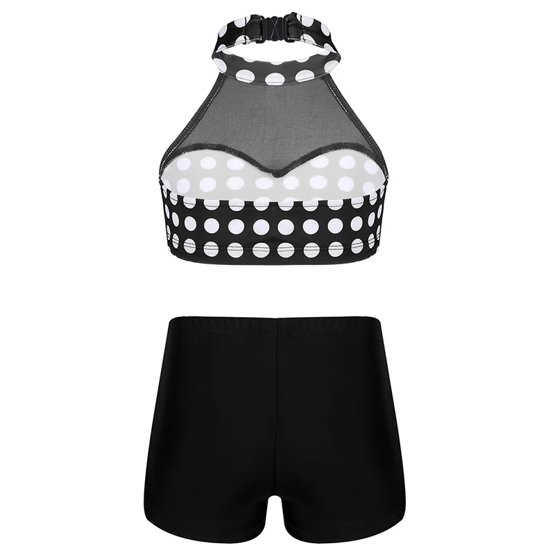 ChicTry Kids Teens Polka Dots Mesh Splice Halter Ballet Gymnastics Shorts with Crop Top Sports Set Children Girls Dance Costumes |