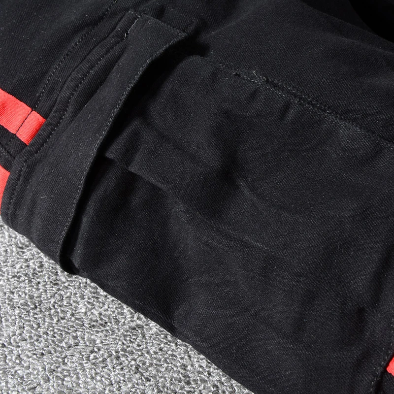 Специальная цена! Мужские красные линии черные карманы Карго джинсы Slim fit стрейч джинсовые брюки