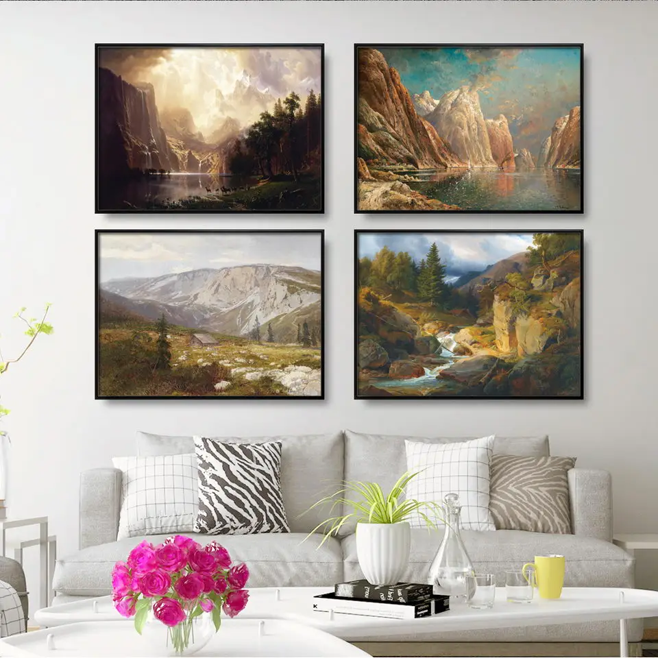 

Украшение для дома, печать на холсте, настенные художественные плакаты, постеры, постер, горизонтальный, озеро, вода, горы, лес, кусты, масло д...