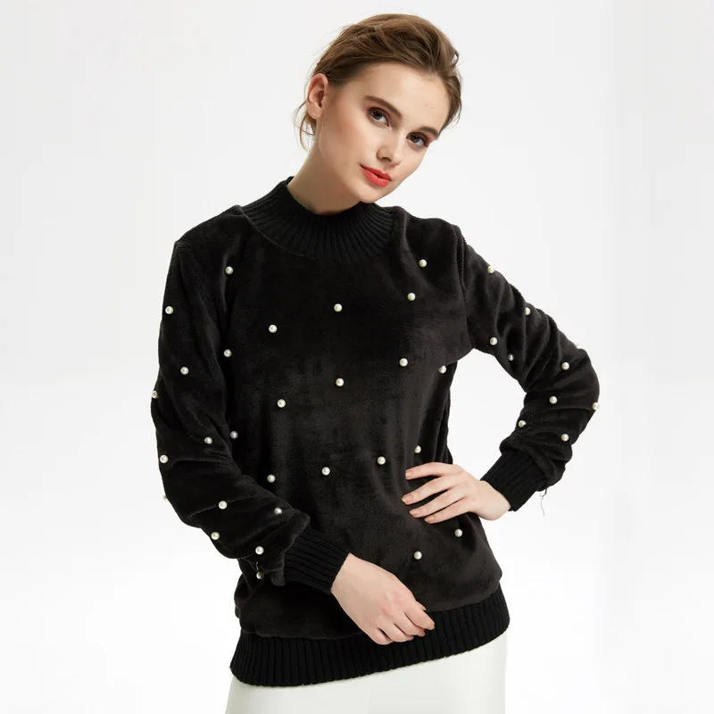 

Autumn and winter new flannel ladies round neck bead solid color wild pocket trend