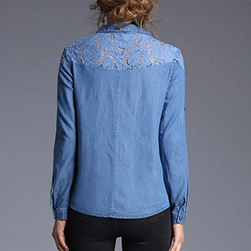 HziriP 2017 Euramerican Women Denim Tops Long Sleeve Shirts Lace Single Breasted Office Plus Size Female Blouse Spring Summer |