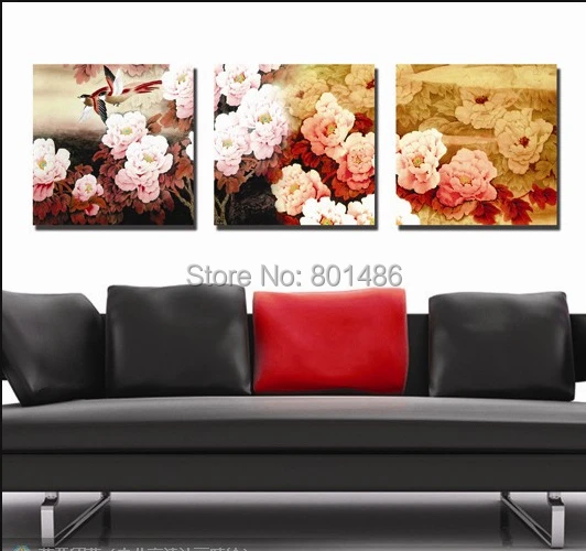 

Free shipping peony flowers bloom print painting canvas chinese style picture 3 pieces/set