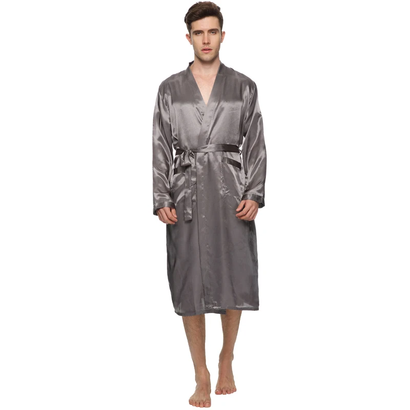 Solid Color Men Stain Robe Breathable V Neck Long Silk Bath Sleepwear Bridegroom Kimono Plus Size for Wedding Home Wear | Мужская одежда