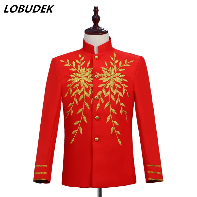 

Red White Black Embroidery Jacket Coat Stand Collar Court Dress Nightclub Men Singer Teams Chorus Costume Host Stage Blazers