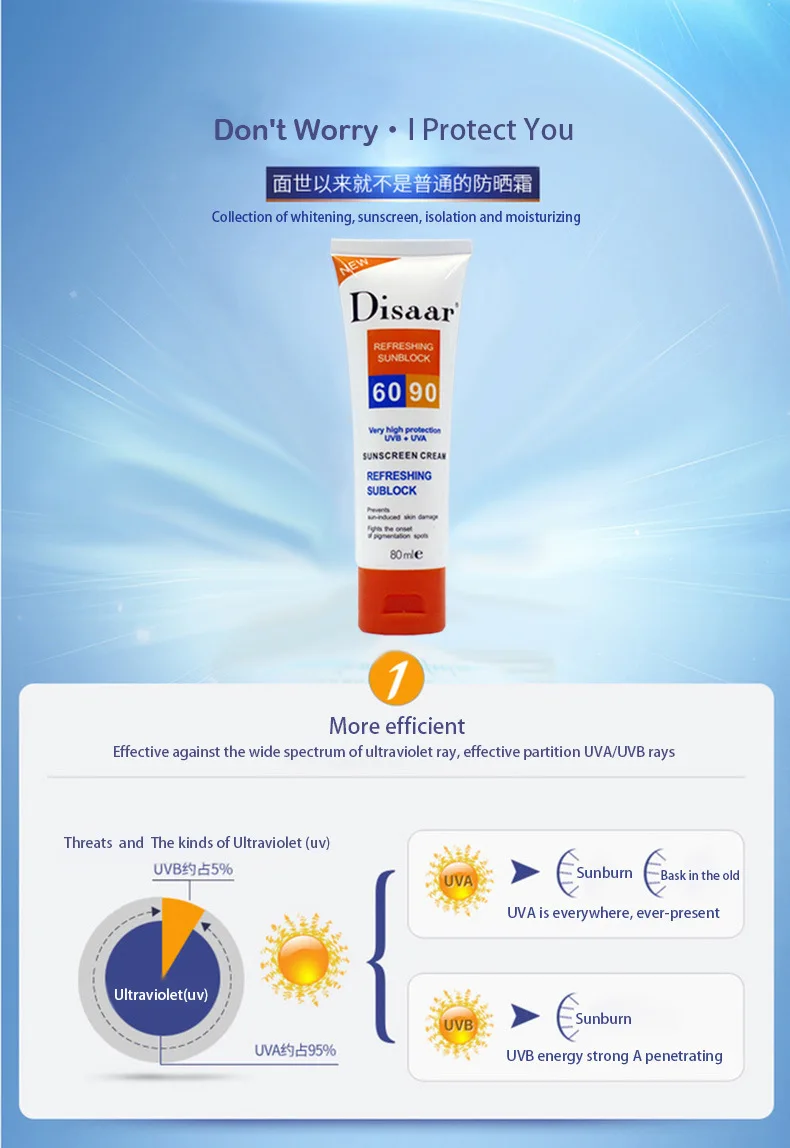 Солнцезащитный крем Disaar Spf 90 + увлажняющий солнцезащитный для защиты кожи 80 г