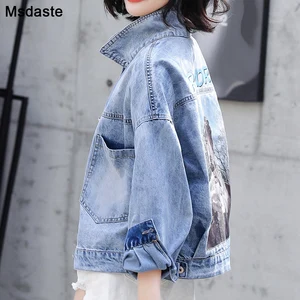 Женская джинсовая куртка, однобортная Повседневная куртка с принтом, с длинным рукавом, осень 2019