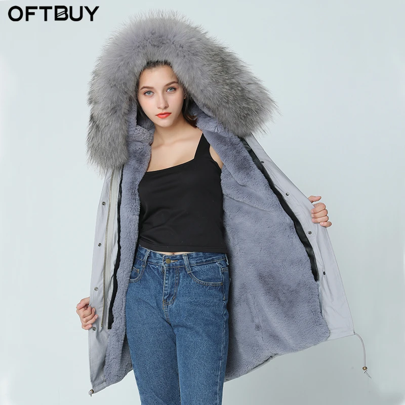 OFTBUY брендовая Новая Серая зимняя куртка, пальто, женская парка с натуральным настоящим большим светильник, розовый меховой воротник с капюшоном, Толстая теплая парка