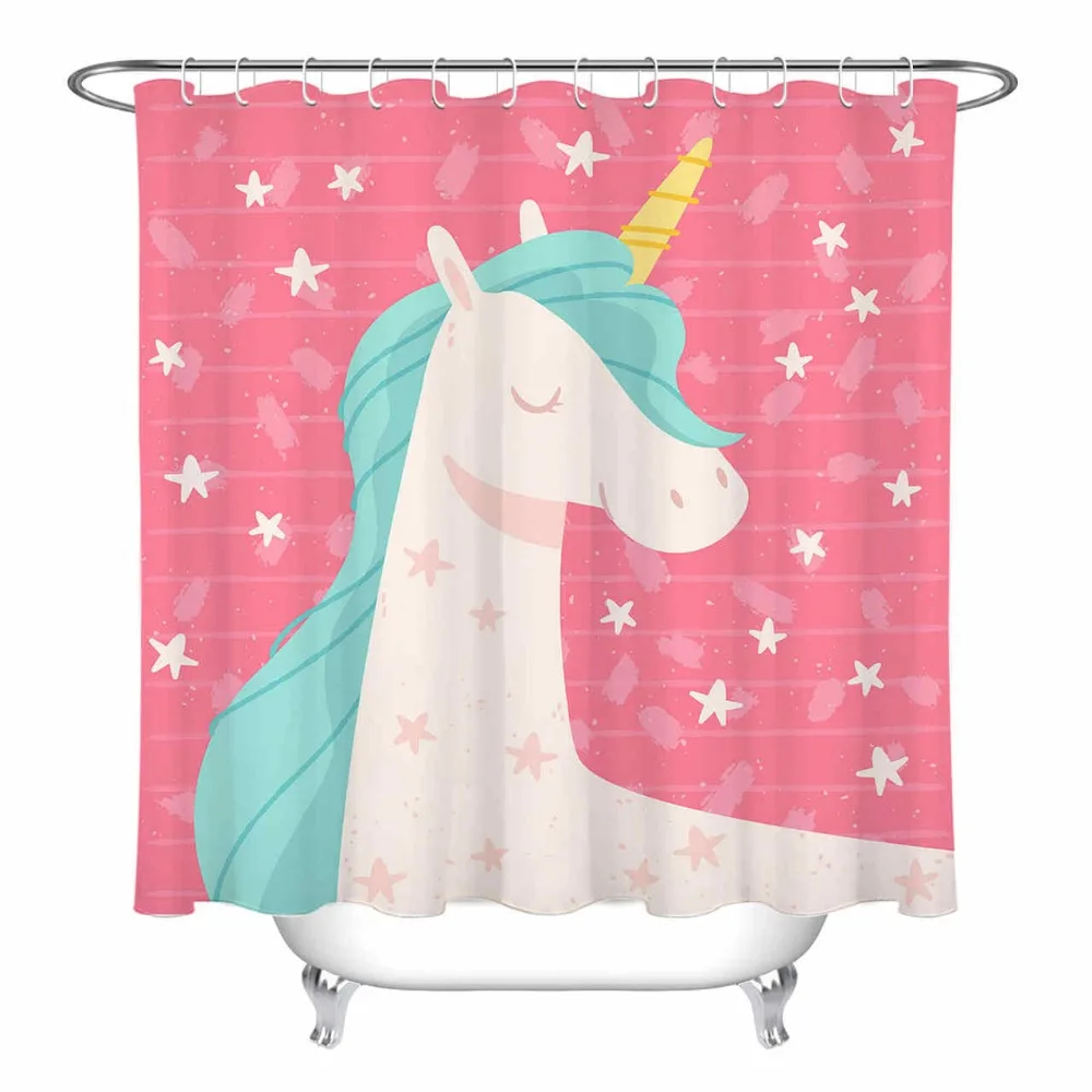 

Детская занавеска для душа с изображением единорога зебры и звезд, полосатая сверхдлинная водонепроницаемая ткань из полиэстера для украш...