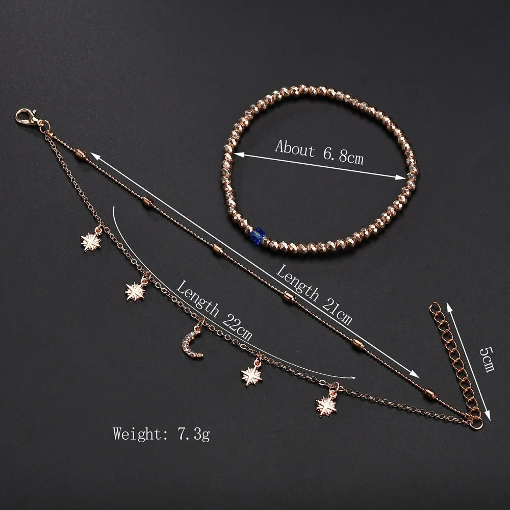 New street shoot personality fashion sexy 3 layers chain gold color crystal beads Moon Star Bracelet Anklets women Jewelry | Украшения и