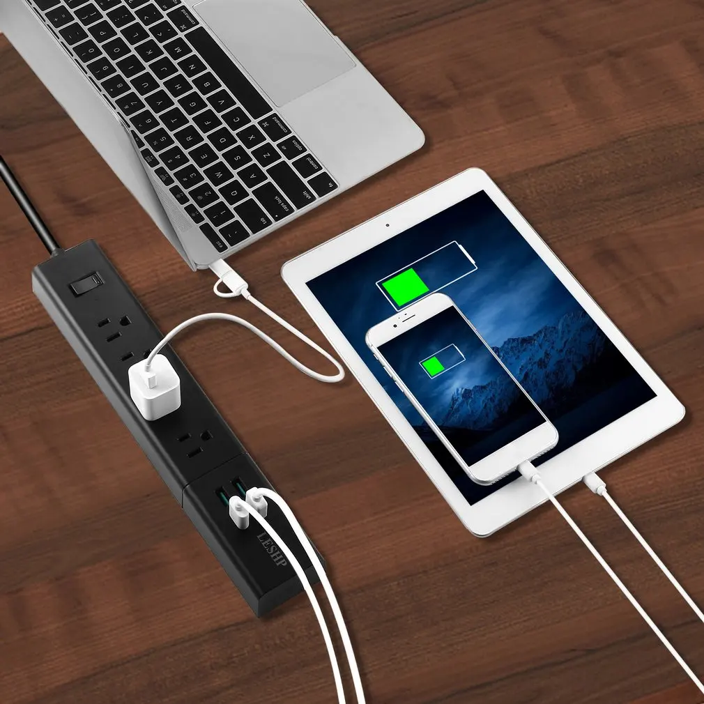 Сетевой фильтр LESHP с 4 розетками прямоугольная плоская вилка USB портами для
