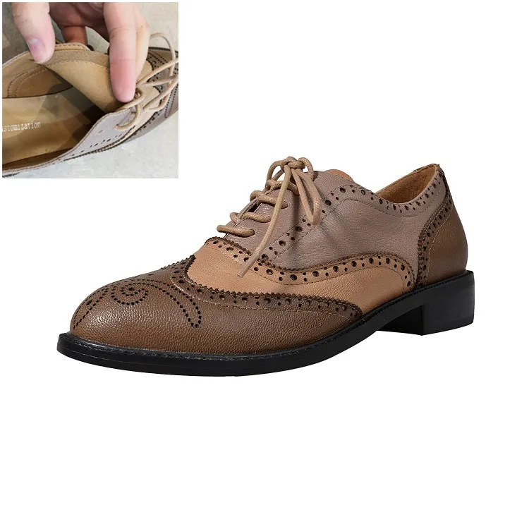 Brown Autumn PXELENA/; броги ручной работы; женские оксфорды из натуральной кожи; женские туфли в британском стиле Дерби на шнуровке; сезон осень-зима - Цвет: Brown Autumn