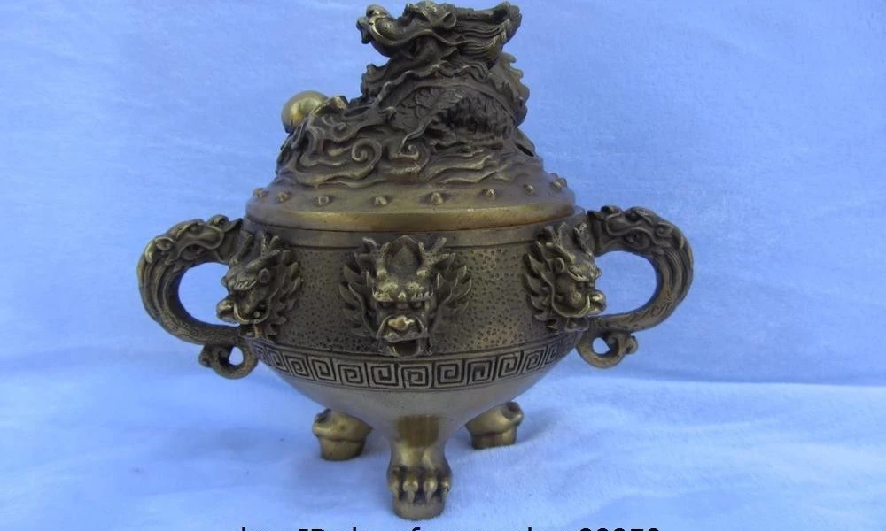 

Chinese Royal Brass Copper Feng Shui Two Beast Ear Dragon Incense Burner Censer